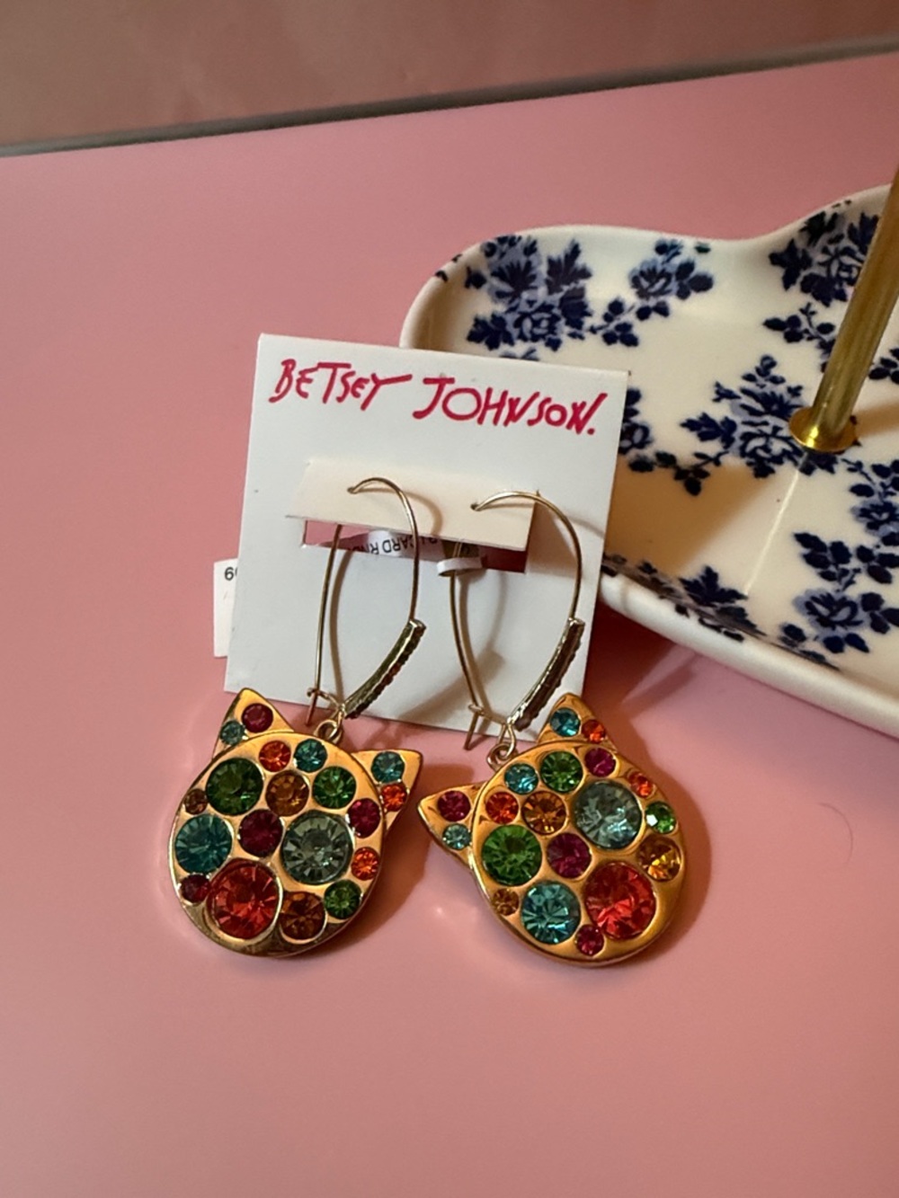 Betsey Johnson Multicolor Crystal Cat Face Drop Earrings